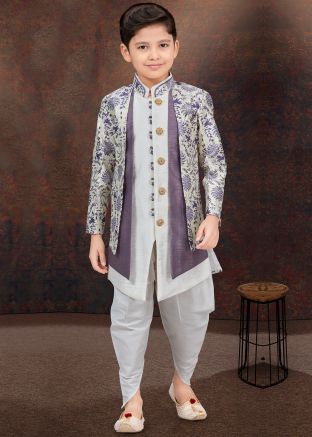 Off White & Purple Printed Kids Readymade Indo Western Sherwani