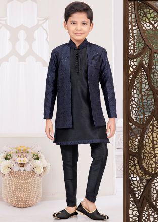 Navy Blue & Black Embellished Kids Readymade Indo Western Sherwani