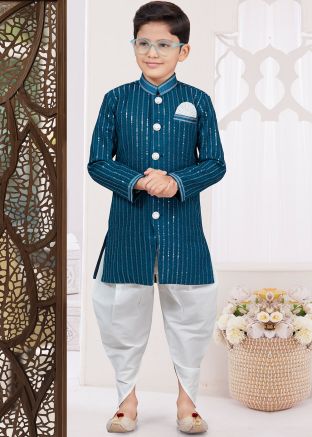 Blue Embellished Kids Readymade Indo Western Sherwani