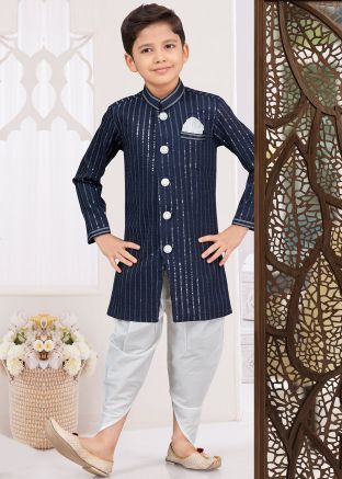 Navy Blue Embellished Kids Readymade Indo Western Sherwani