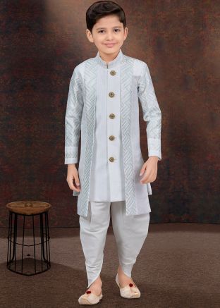 Off White Jacket Style Kids Readymade Embroidered Sherwani Set