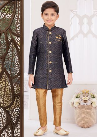 Readymade Blue Kids Woven Sherwani Set In Jacquard