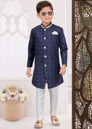 Kids Navy Blue Readymade Embroidered Sherwani Set