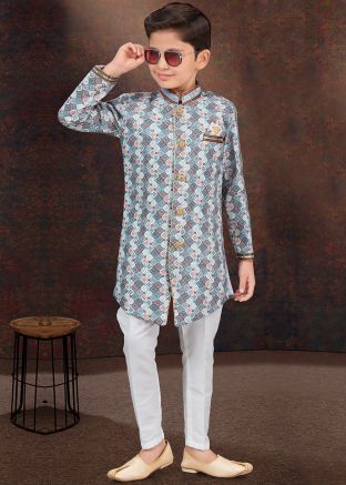 Multicolored Kids Digital Print Readymade Indo Western Sherwani