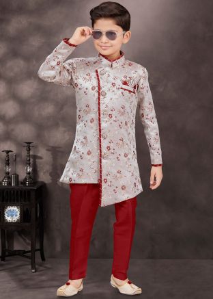 Readymade Grey Kids Woven Indo Western Sherwani