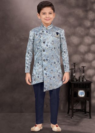 Readymade Grey Kids Woven Indo Western Sherwani Set