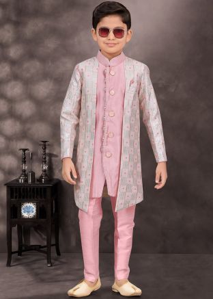 Pink Kids Jacket Style Embroidered Readymade Sherwani Set