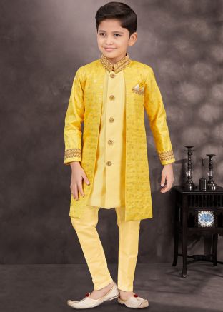 Yellow Kids Jacket Style Embroidered Readymade Sherwani Set