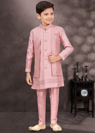 Pink Jacket Style Embroidered Kids Readymade Sherwani Set