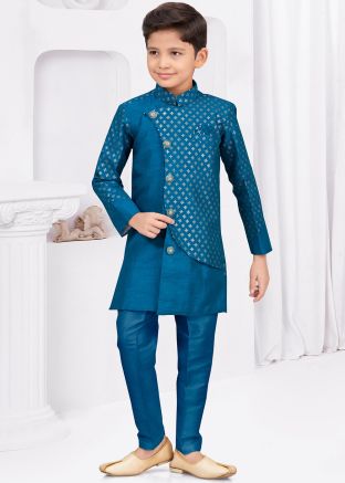 Blue Overlapped Embroidered Kids Indo Western Sherwani