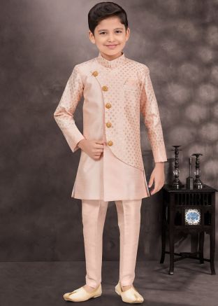 Peach Overlapped Embroidered Kids Indo Western Sherwani