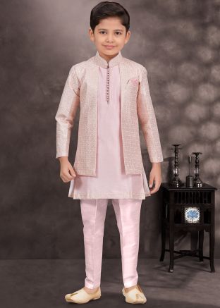 Pink Kids Jacket Style Embroidered Readymade Sherwani Set