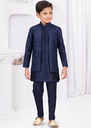 Navy Blue Kids Embroidered Readymade Jacket Sherwani Set