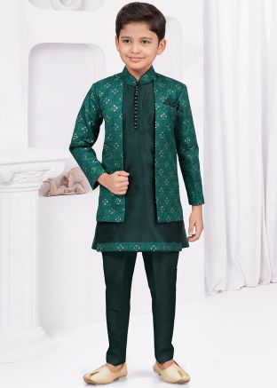 Green Kids Embroidered Readymade Jacket Sherwani Set