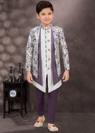 Off White & Purple Printed Kids Readymade Sherwani Set