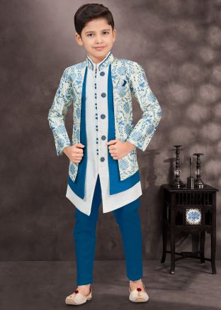 Off White & Blue Printed Kids Readymade Sherwani Set