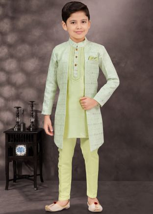 Green Woven Jacket Style Kids Readymade Sherwani Set