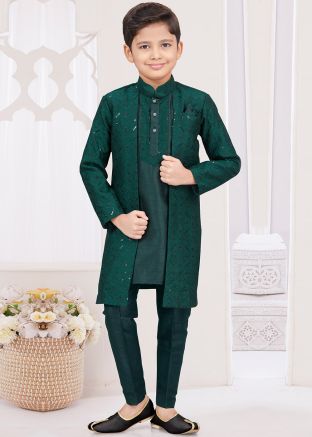 Green Jacket Style Kids Readymade Embroidered Sherwani Set