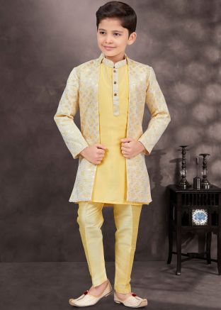 Cream Jacket Style Kids Embroidered Sherwani Set