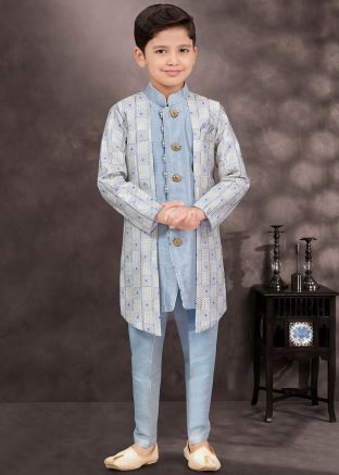 Grey Jacket Style Kids Embroidered Indo Western Sherwani Set
