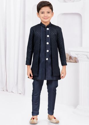 Navy Blue Kids Embroidered Indo Western Sherwani Set