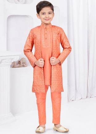 Orange Kids Embroidered Indo Western Sherwani Set