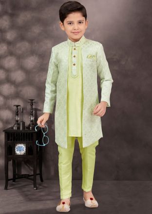 Green Kids Embroidered Indo Western Sherwani Set