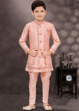 Peach Kids Embroidered Indo Western Sherwani Set