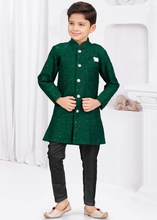 Green Readymade Kids Embroidered Indo Western Sherwani Set