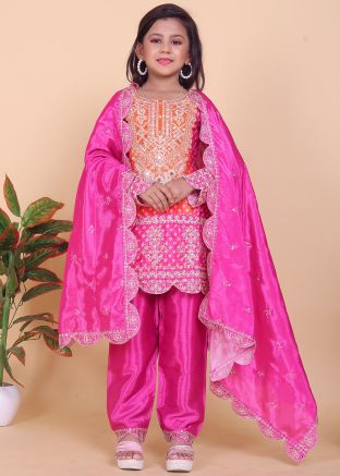 Pink Embroidered Kids Pant Salwar Suit