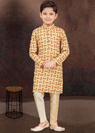 Yellow Embroidered Readymade Kids Kurta Pajama In Rayon