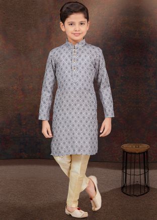 Grey Rayon Readymade Kids Kurta Pajama In Embroidery