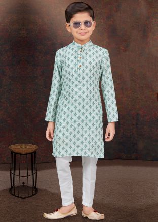 Green Rayon Embroidered Readymade Kids Kurta Pajama