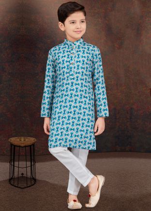 Blue Rayon Readymade Kids Kurta Pajama In Embroidery