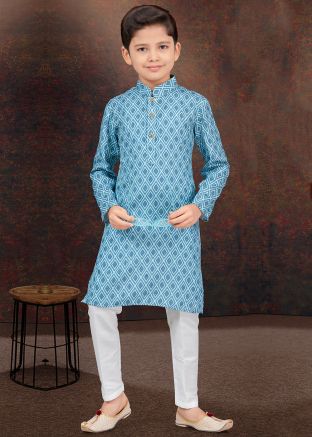 Blue Rayon Embroidered Readymade Kids Kurta Pajama Set