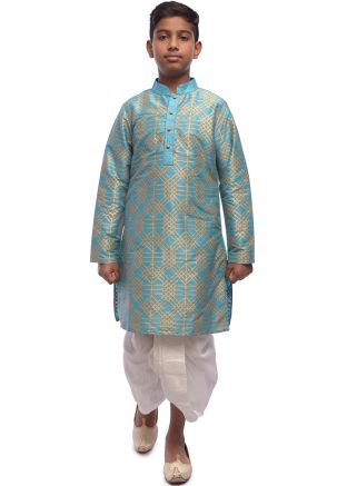 Turquoise Woven Readymade Kids Dhoti Kurta Set