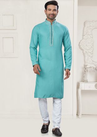 Blue Cotton Men Kurta Pajama Set
