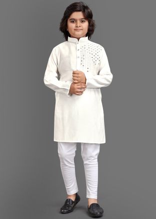 White Readymade Kids Embroidered Kurta Pajama