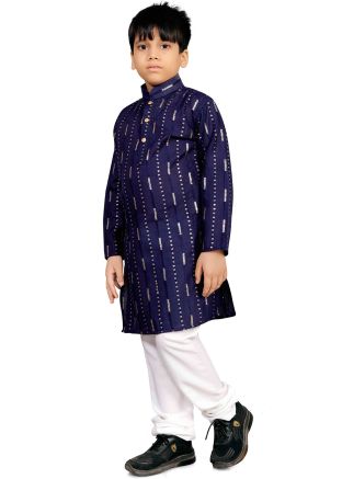 Blue Embroidered Kids Kurta Pajama In Cotton