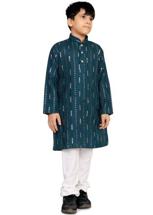 Blue Embroidered Kids Kurta Pajama In Cotton