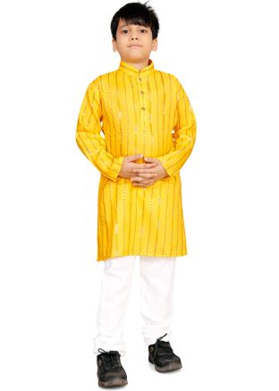 Yellow Embroidered Cotton Kids Kurta Pajama
