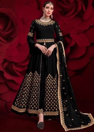 Black Embroidered Front Slit Style Pant Salwar Suit