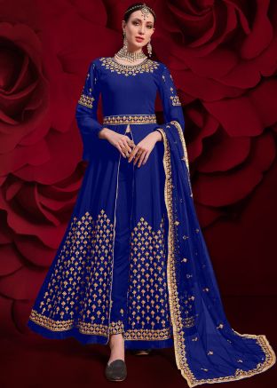 Blue Georgette Embroidered Slit Style Pant Salwar Suit