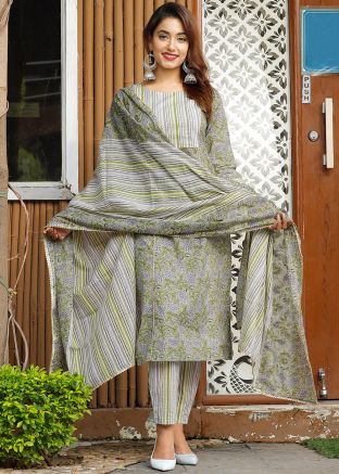Green Floral Readymade Cotton Pant Suit
