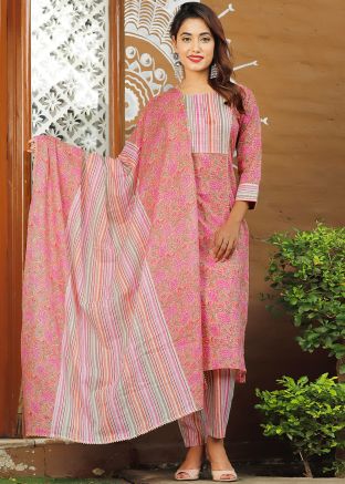 Peach Floral Readymade Cotton Pant Suit