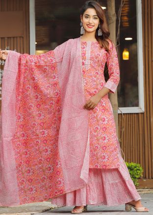 Peach Readymade Floral Sharara Style Salwar Kameez