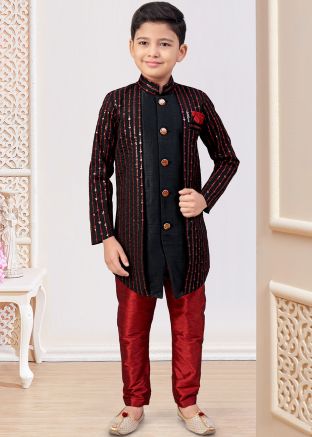 Black Embroidered Boys Sherwani In Jacket Style