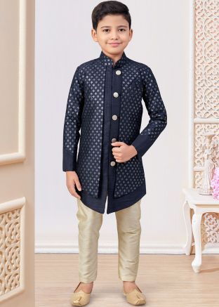Blue Embroidered Boys Sherwani With Jacket