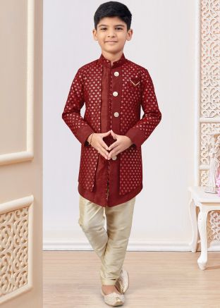 Red Sequin Work Kids Sherwani In Jacket Style