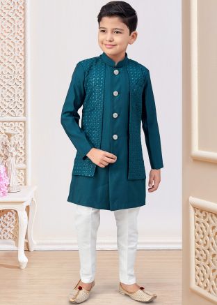 Blue Embroidered Boys Sherwani With Jacket